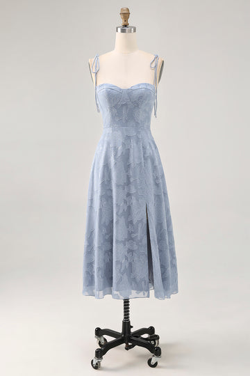 Dusty Blue A Line Midi Spaghetti Straps Wedding Guest Dress with Slit